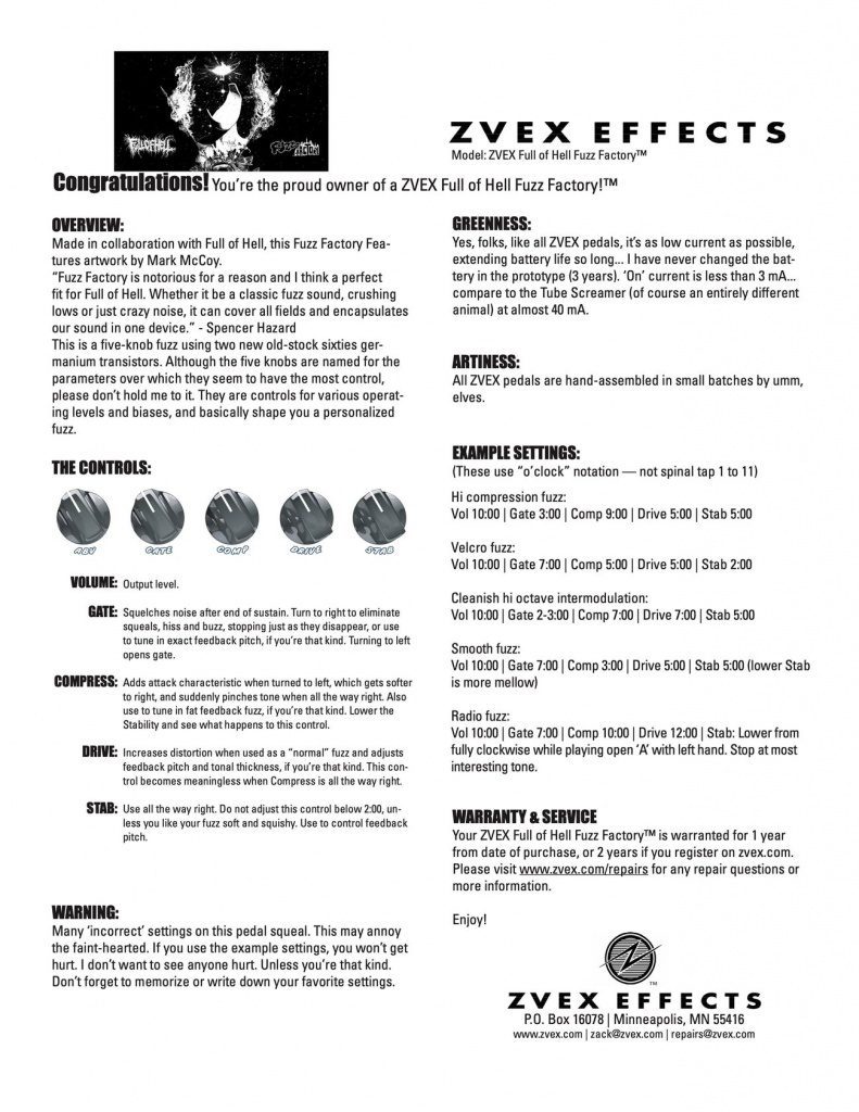 Manual de instrucciones del ZVex Full Of Hell Fuzz Factory en edición limitada