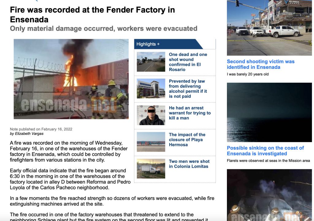 Incendio en la fábrica de Fender en Ensenada